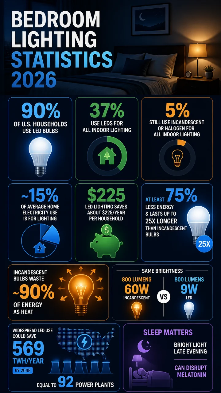 Bedroom Lighting Statistics 2026: LED Adoption, Sleep Disruption, and the Real Cost of Light at Night