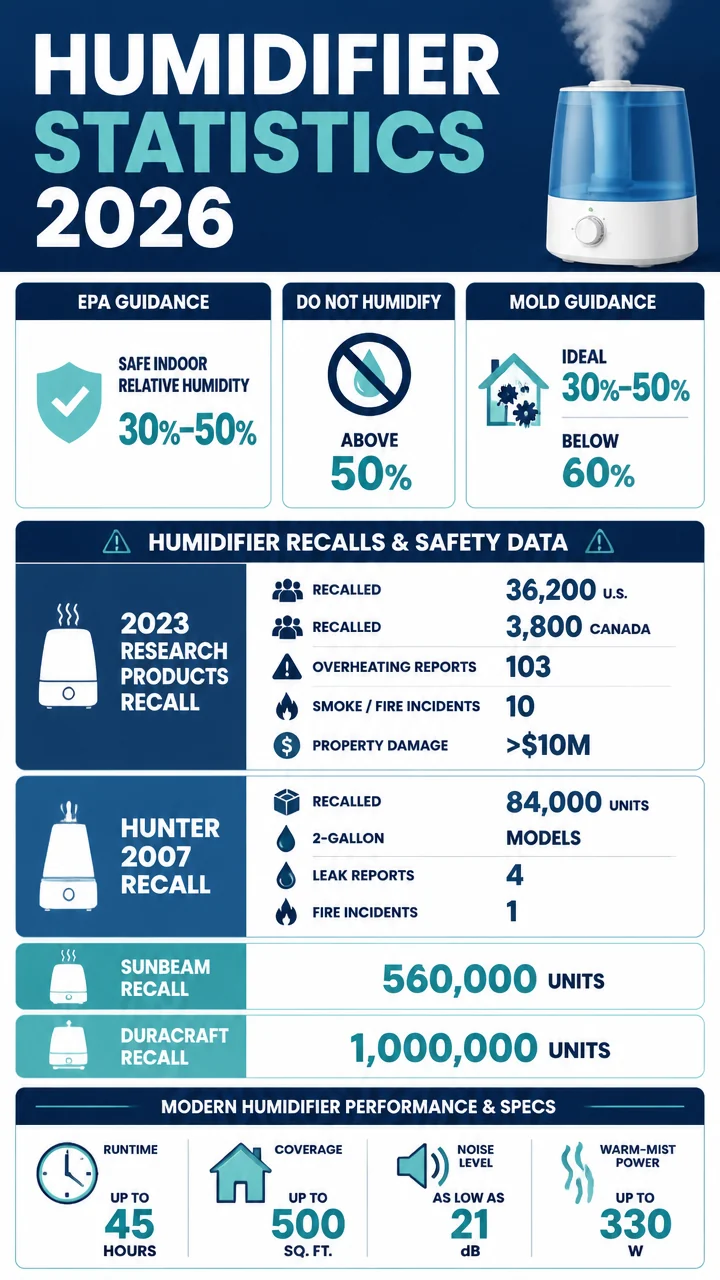Humidifier Statistics 2026: Indoor Humidity Benchmarks, Recall History, and Real-World Device Specs