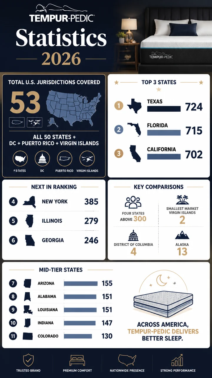 Tempur-Pedic Statistics 2026: Retailer Location Counts, State Leaders, and Nationwide Coverage Trends