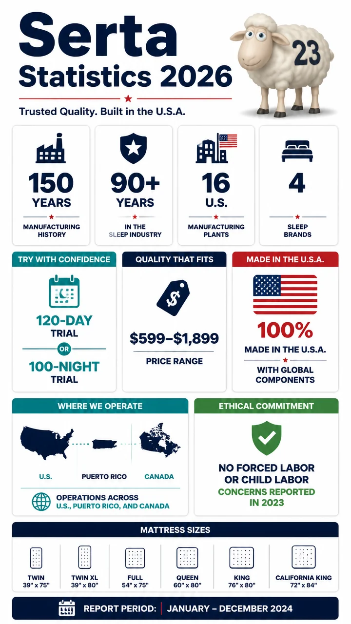 Serta Statistics 2026: 75+ Facts on Brands, Manufacturing, Mattress Prices, Trials, and Product Data